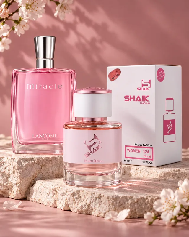 Shaik W 124 bottle and box beside Lancôme Miracle, the fragrance that inspired it