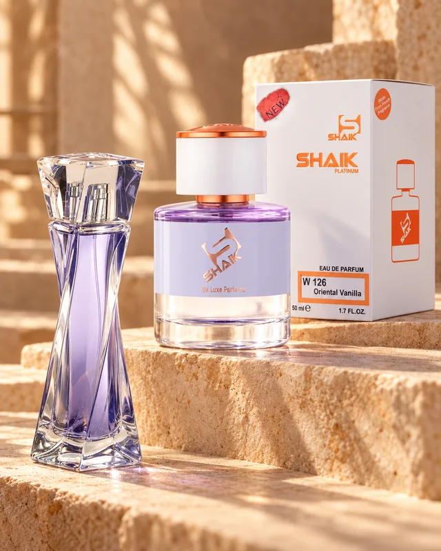 Shaik W 126 bottle and box beside Lancôme Hypnose, the fragrance that inspired it