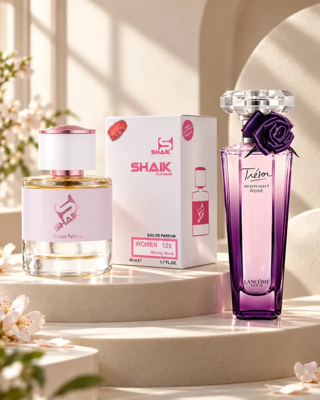 Shaik W 128 bottle and box beside Lancôme Trésor Midnight Rose, the fragrance that inspired it