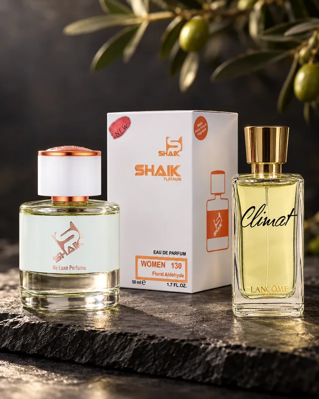 Shaik W 130 bottle and box beside Lancôme Climat, the fragrance that inspired it