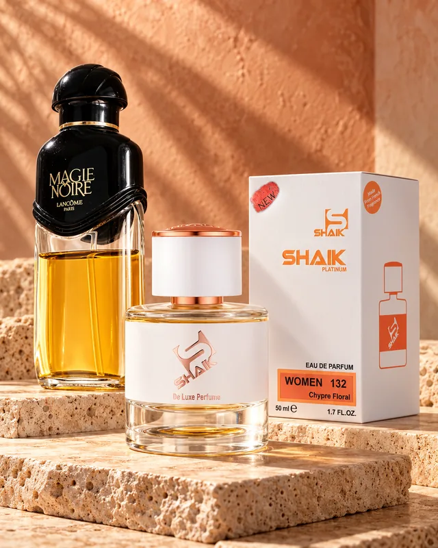 Shaik W 132 bottle and box beside Lancôme Magie Noire, the fragrance that inspired it