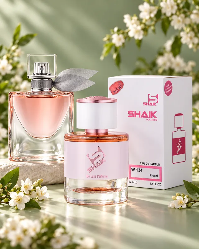 Shaik W 134 bottle and box beside Lancôme La Vie est Belle, the fragrance that inspired it