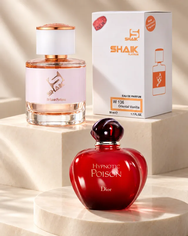 Shaik W 136 bottle and box beside Dior Hypnotic Poison, the fragrance that inspired it