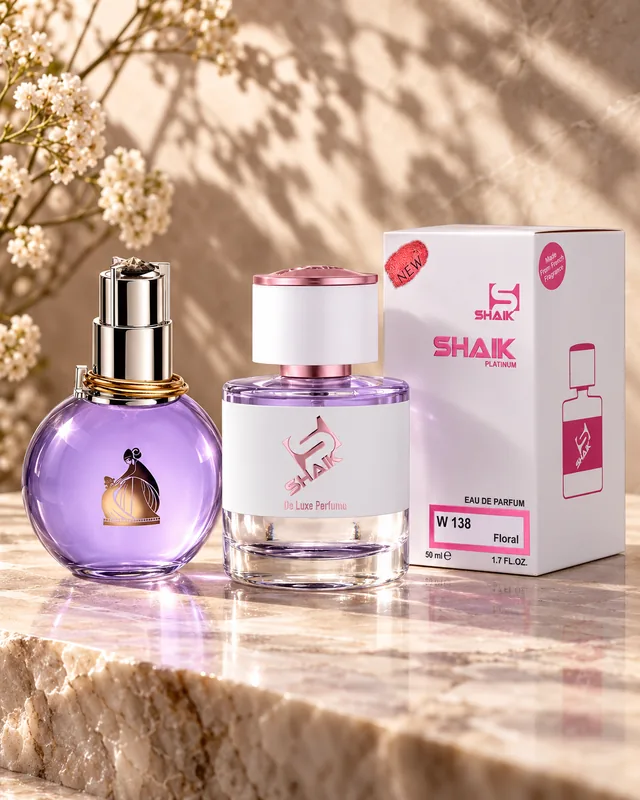 Shaik W 138 bottle and box beside Lanvin Éclat d'Arpège, the fragrance that inspired it