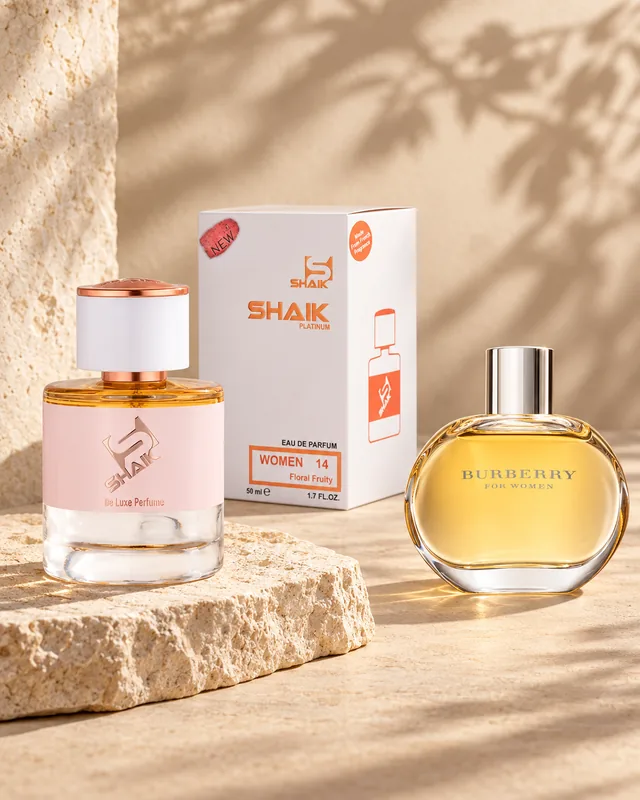 Shaik W 14 bottle and box beside Burberry for Women, the fragrance that inspired it