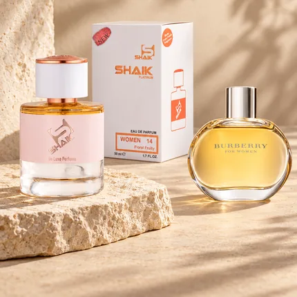 Shaik W 14 bottle and box beside Burberry for Women, the fragrance that inspired it