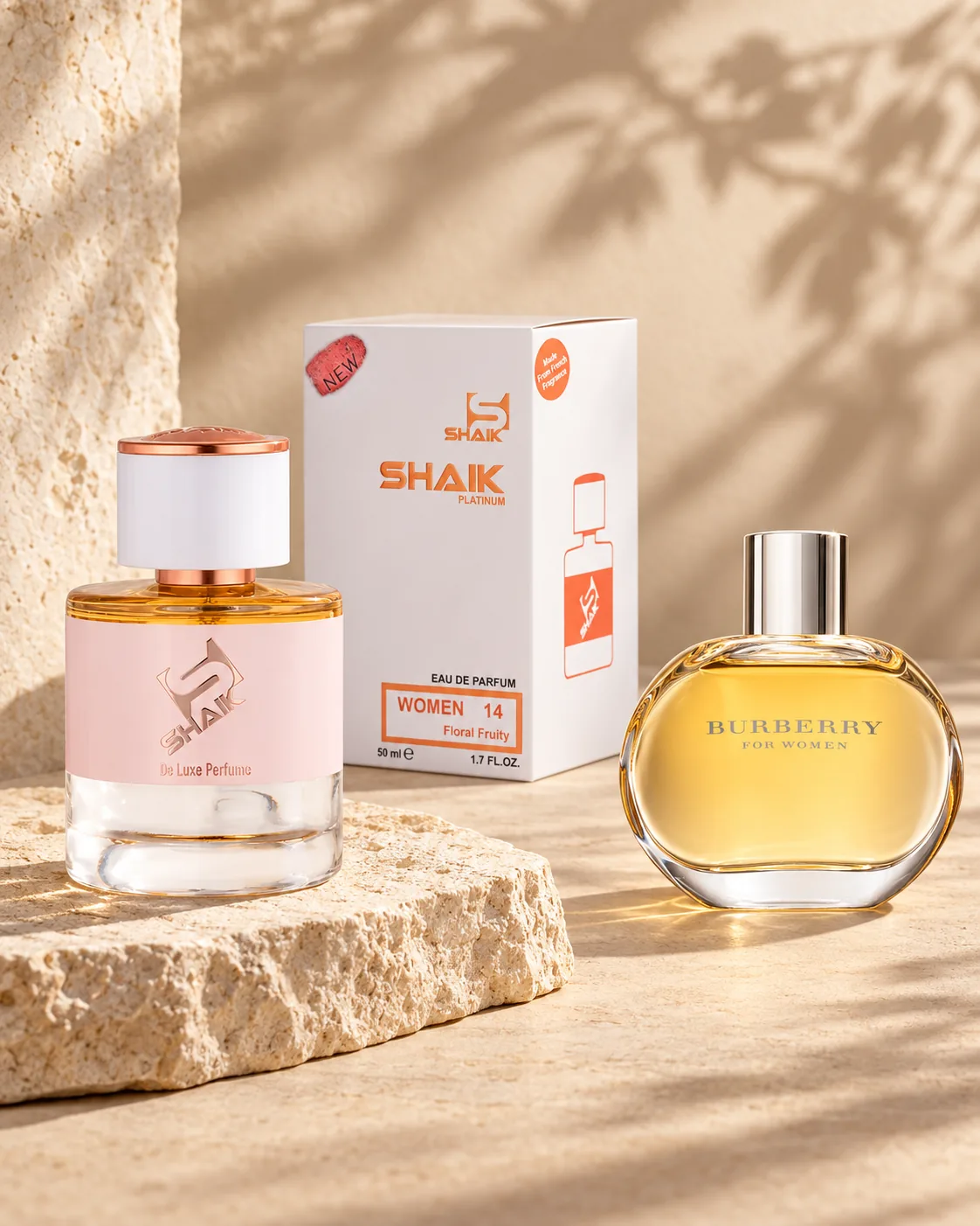 Shaik W 14 bottle and box beside Burberry for Women, the fragrance that inspired it