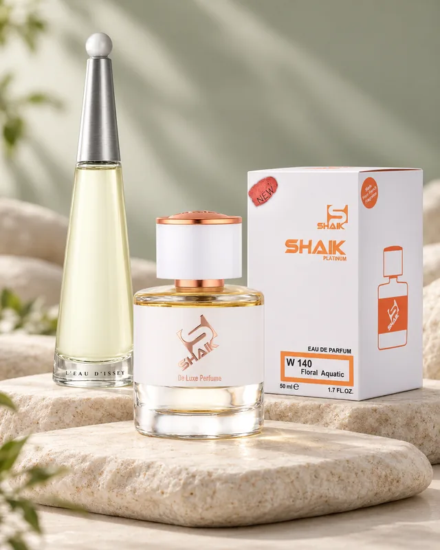 Shaik W 140 bottle and box beside Issey Miyake L'Eau d'Issey, the fragrance that inspired it