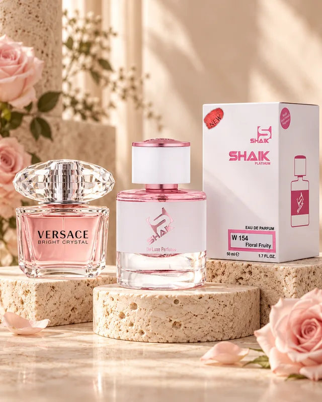 Shaik W 154 bottle and box beside Versace Bright Crystal, the fragrance that inspired it