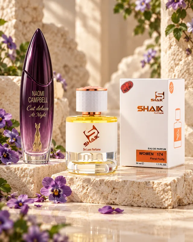 Shaik W 174 bottle and box beside Naomi Campbell Cat Deluxe at Night, the fragrance that inspired it