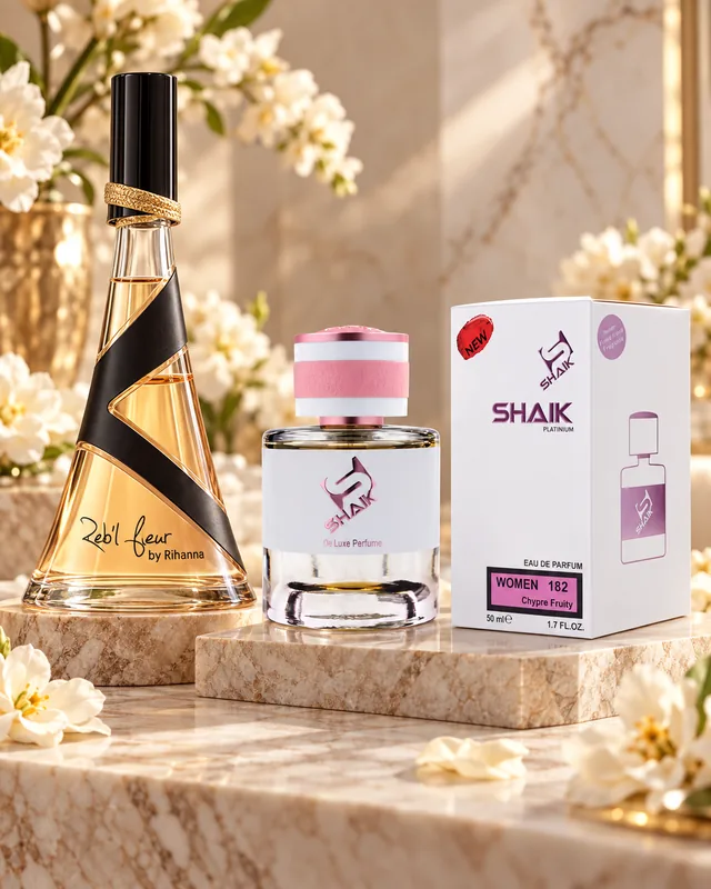 Shaik W 182 bottle and box beside Rihanna Reb'l Fleur, the fragrance that inspired it