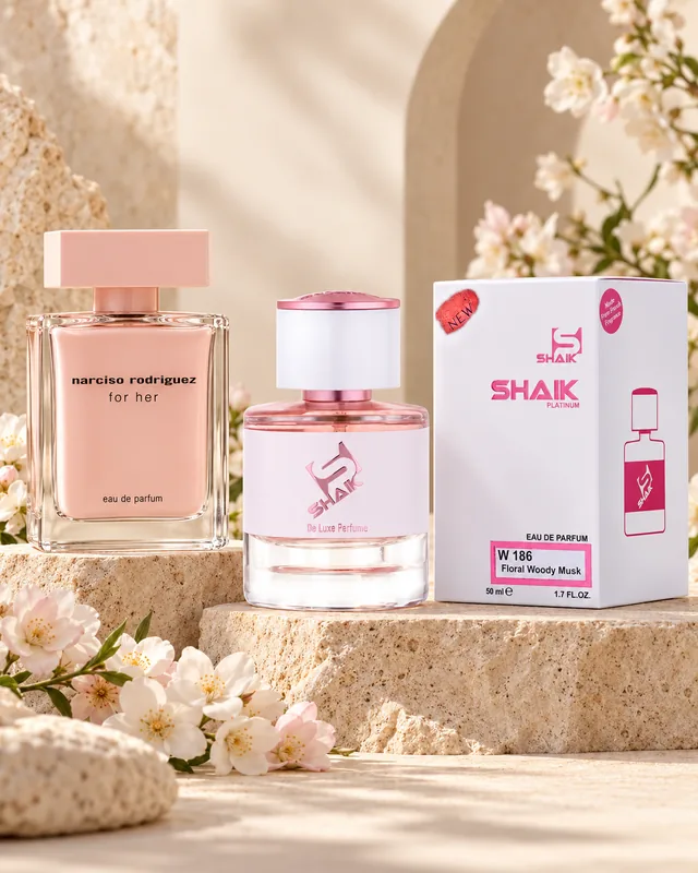 Shaik W 186 bottle and box beside Narciso Rodriguez Eau de Parfum, the fragrance that inspired it