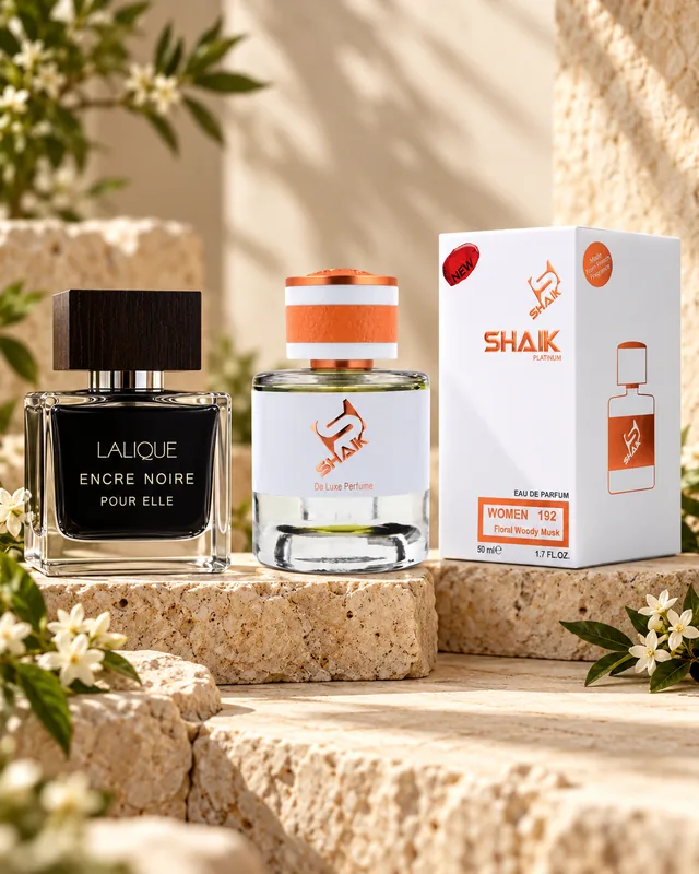 Shaik W 192 bottle and box beside Lalique Encre Noire pour Elle, the fragrance that inspired it