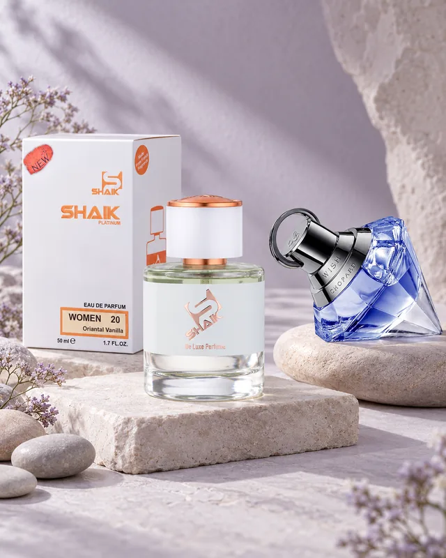 Shaik W 20 bottle and box beside Chopard Wish, the fragrance that inspired it