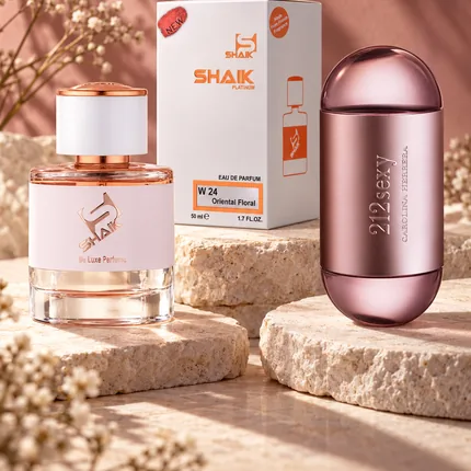 Shaik W 24 bottle and box beside Carolina Herrera 212 Sexy, the fragrance that inspired it