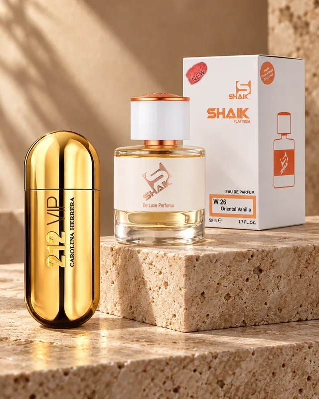 Shaik W 26 bottle and box beside Carolina Herrera 212 VIP, the fragrance that inspired it