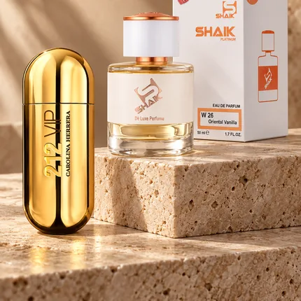 Shaik W 26 bottle and box beside Carolina Herrera 212 VIP, the fragrance that inspired it