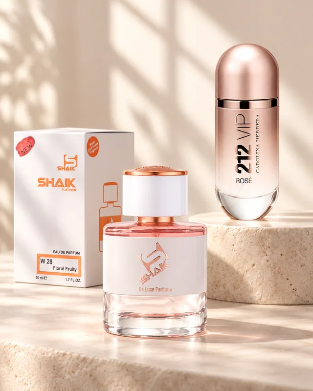 Shaik W 28 bottle and box beside Carolina Herrera 212 VIP Rose, the fragrance that inspired it