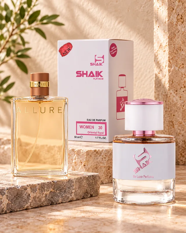 Shaik W 30 bottle and box beside Chanel Allure, the fragrance that inspired it