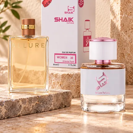Shaik W 30 bottle and box beside Chanel Allure, the fragrance that inspired it