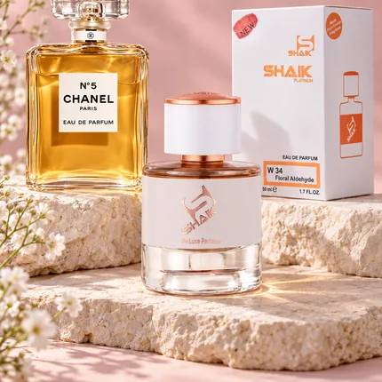Shaik W 34 bottle and box beside Chanel N°5, the fragrance that inspired it