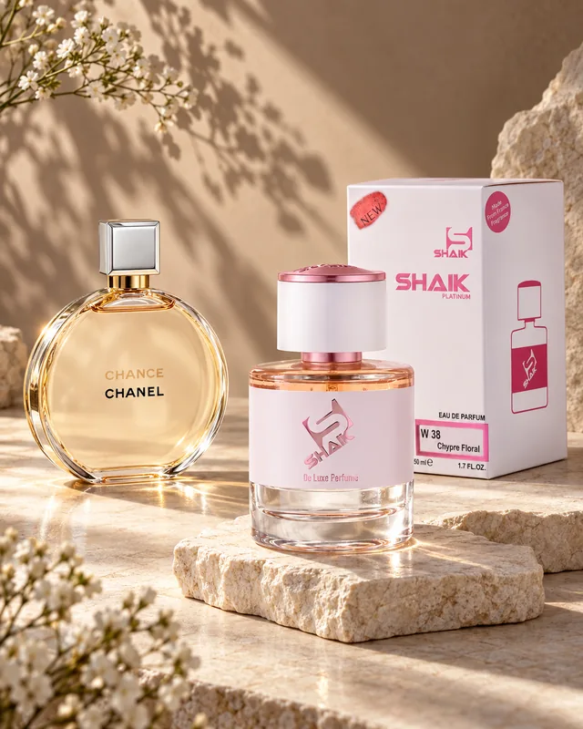 Shaik W 38 bottle and box beside Chanel Chance Eau de Parfum, the fragrance that inspired it