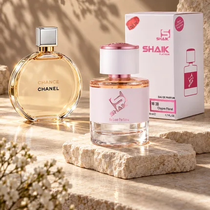 Shaik W 38 bottle and box beside Chanel Chance Eau de Parfum, the fragrance that inspired it