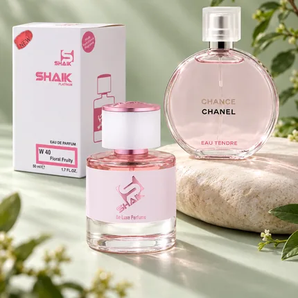 Shaik W 40 bottle and box beside Chanel Chance Eau Tendre, the fragrance that inspired it