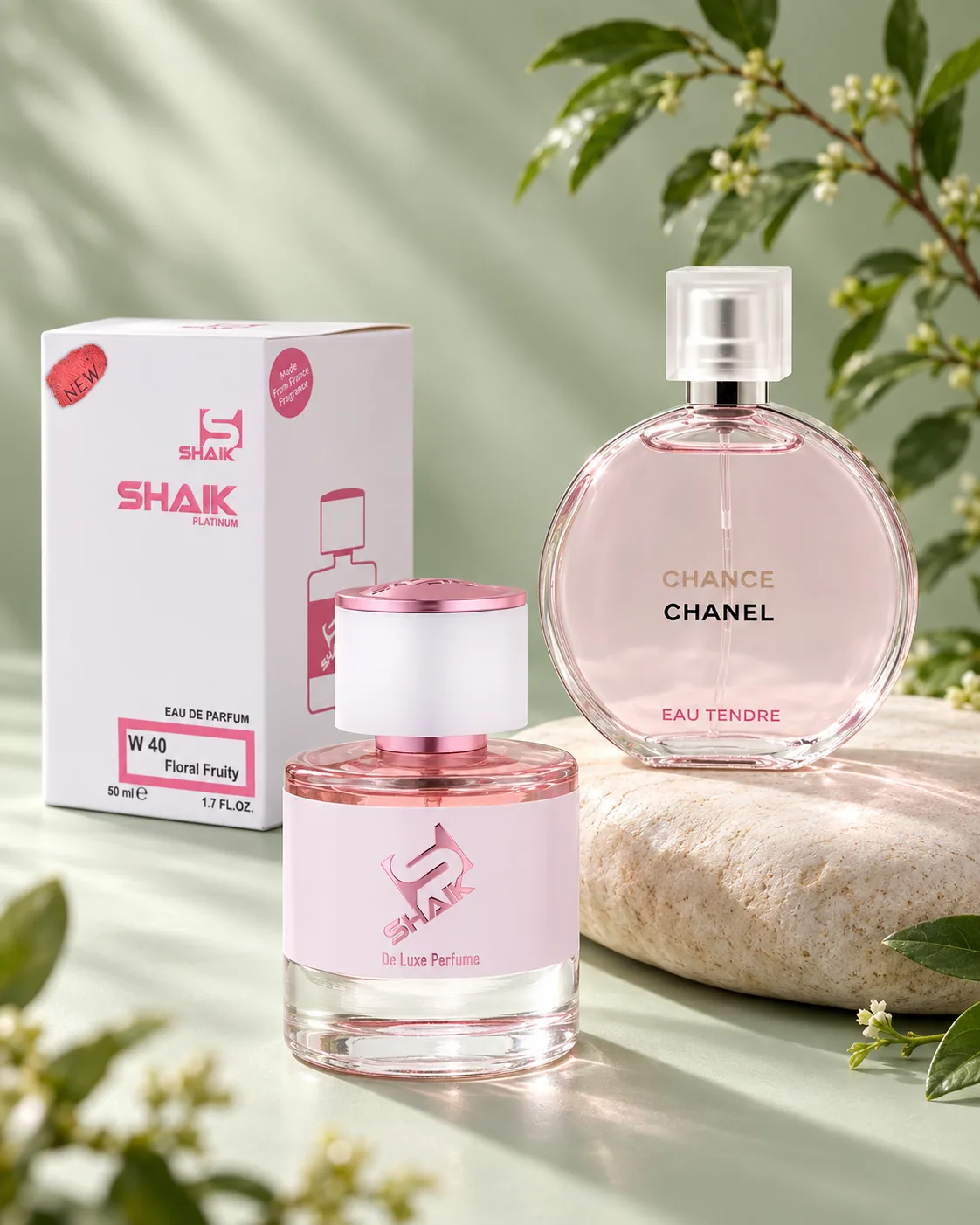 Shaik W 40 bottle and box beside Chanel Chance Eau Tendre, the fragrance that inspired it