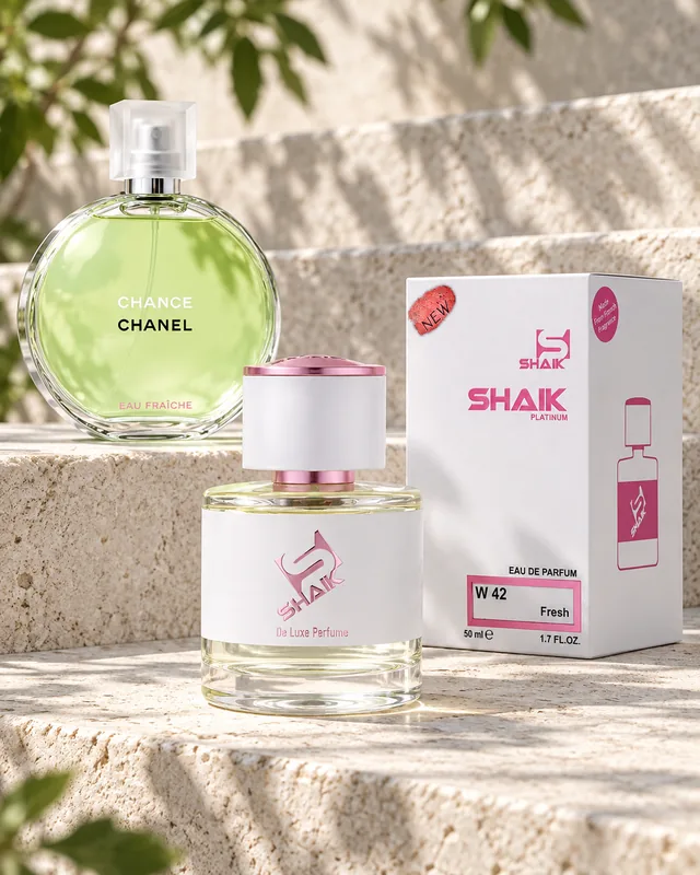 Shaik W 42 bottle and box beside Chanel Chance Eau Fraîche, the fragrance that inspired it
