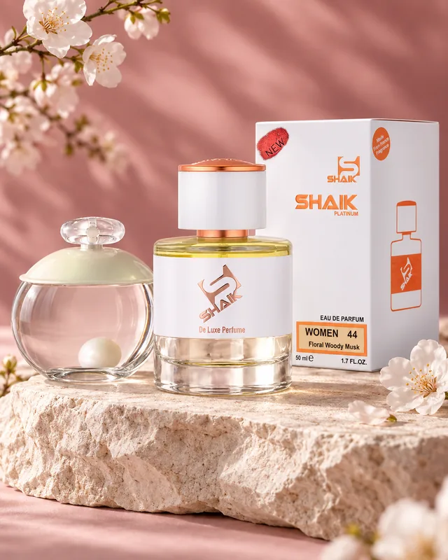 Shaik W 44 bottle and box beside Cacharel Noa, the fragrance that inspired it