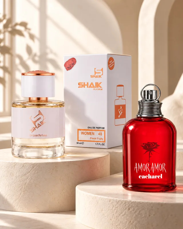 Shaik W 48 bottle and box beside Cacharel Amor Amor, the fragrance that inspired it