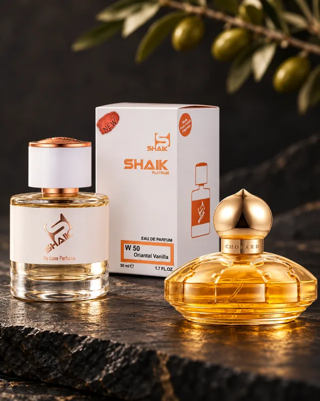 Shaik W 50 bottle and box beside Chopard Casmir, the fragrance that inspired it