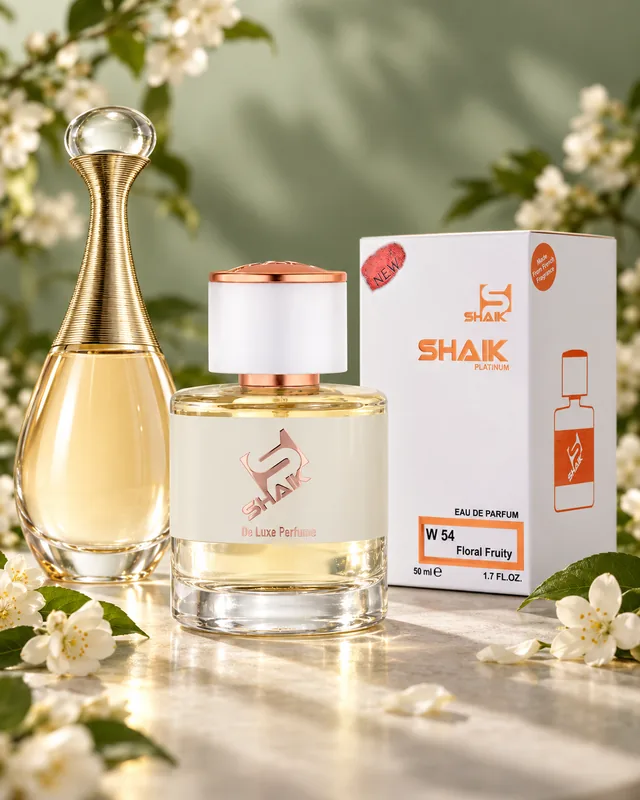 Shaik W 54 bottle and box beside Dior J'adore, the fragrance that inspired it