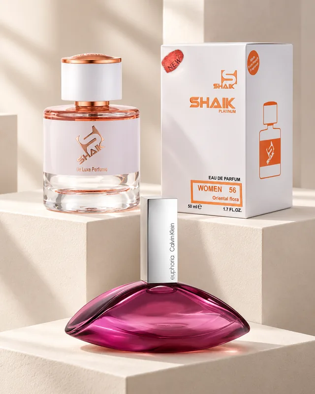Shaik W 56 bottle and box beside Calvin Klein Euphoria, the fragrance that inspired it