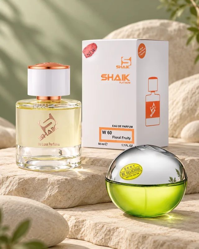 Shaik W 60 bottle and box beside DKNY Be Delicious, the fragrance that inspired it