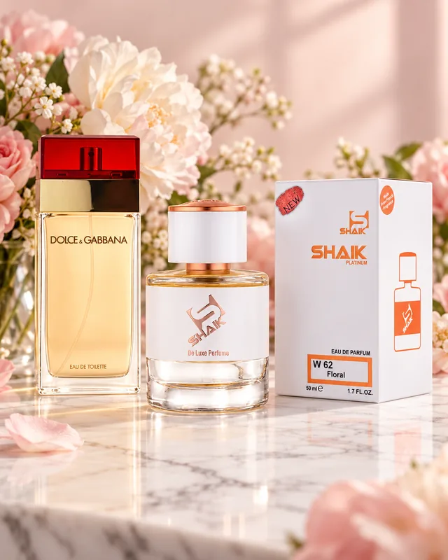 Shaik W 62 bottle and box beside Dolce & Gabbana for Women, the fragrance that inspired it