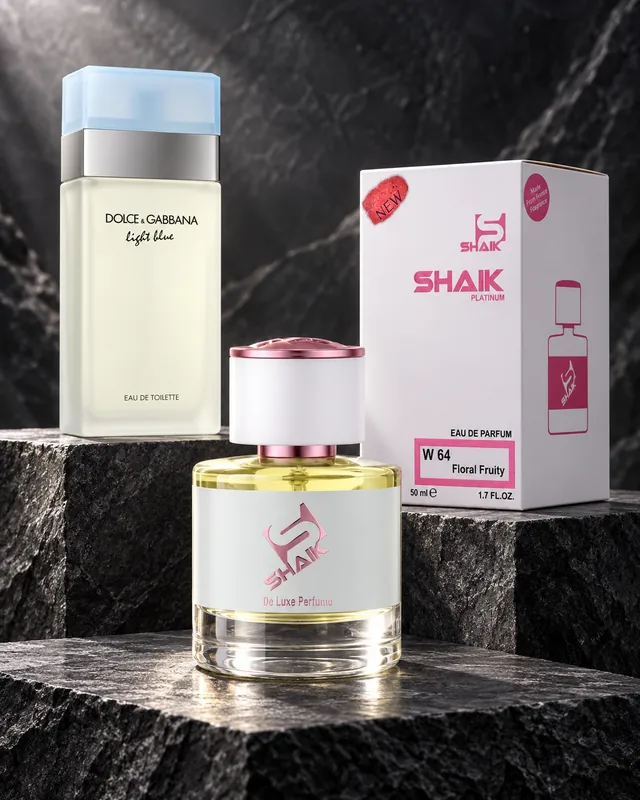 Shaik W 64 bottle and box beside Dolce & Gabbana Light Blue, the fragrance that inspired it