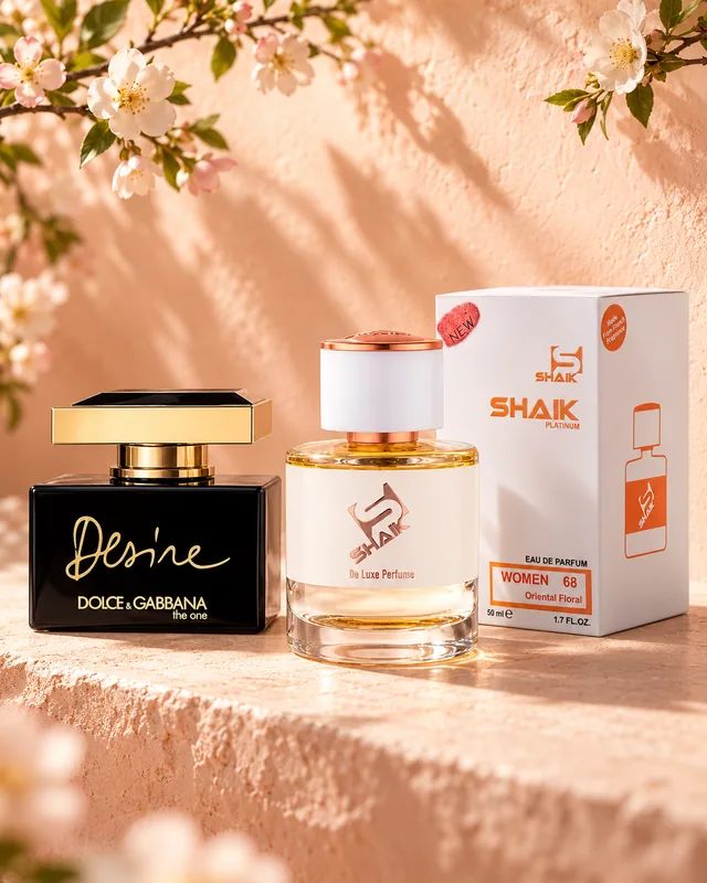 Shaik W 68 bottle and box beside Dolce & Gabbana The One Desire, the fragrance that inspired it