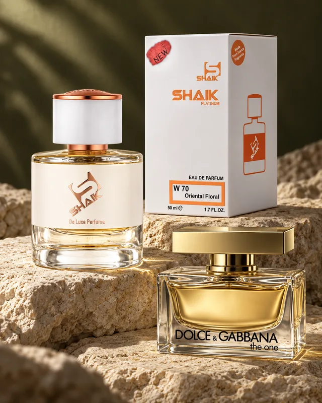Shaik W 70 bottle and box beside Dolce & Gabbana The One, the fragrance that inspired it