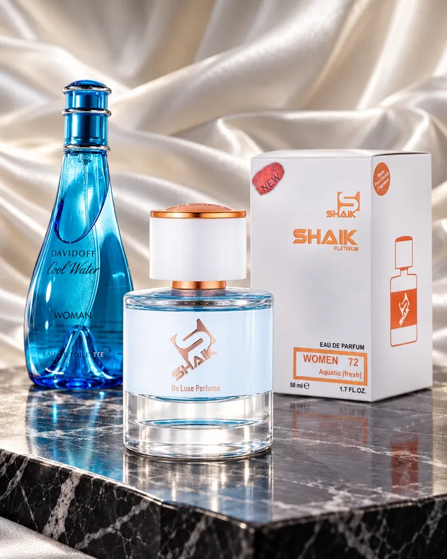 Shaik W 72 bottle and box beside Davidoff Cool Water, the fragrance that inspired it