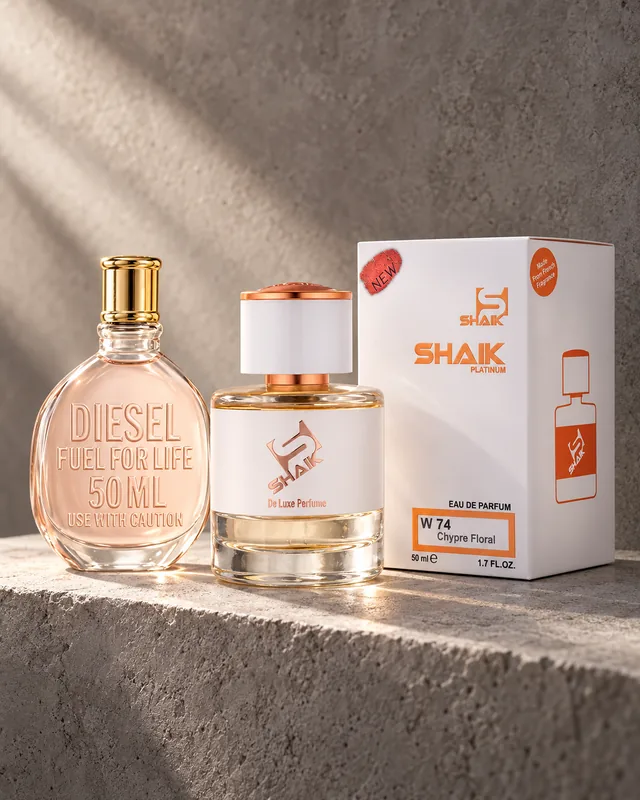 Shaik W 74 bottle and box beside Diesel Fuel for Life, the fragrance that inspired it