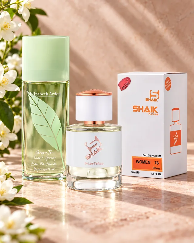 Shaik W 76 bottle and box beside Elizabeth Arden Green Tea, the fragrance that inspired it