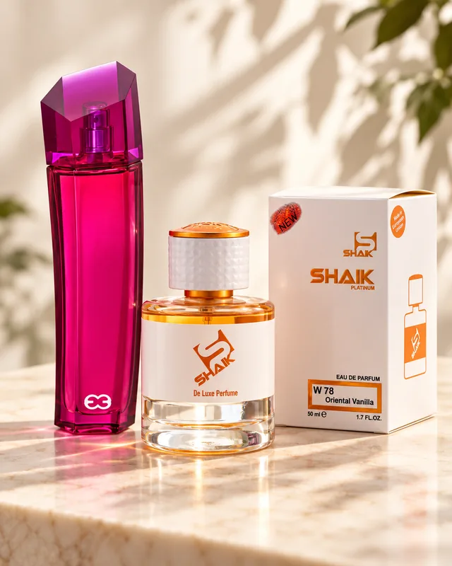 Shaik W 78 bottle and box beside Escada Magnetism, the fragrance that inspired it