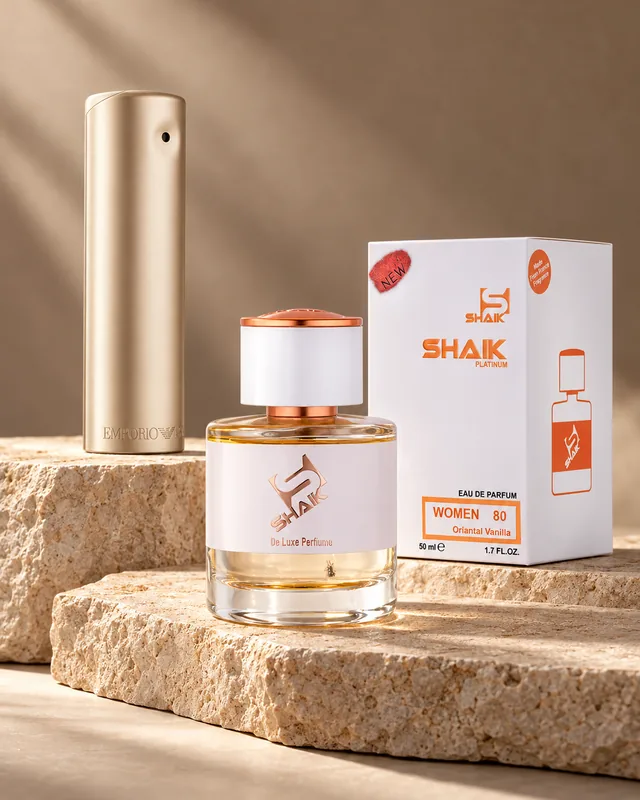 Shaik W 80 bottle and box beside Emporio Armani for Women 2008, the fragrance that inspired it