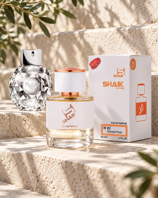Shaik W 82 bottle and box beside Emporio Armani Diamonds, the fragrance that inspired it