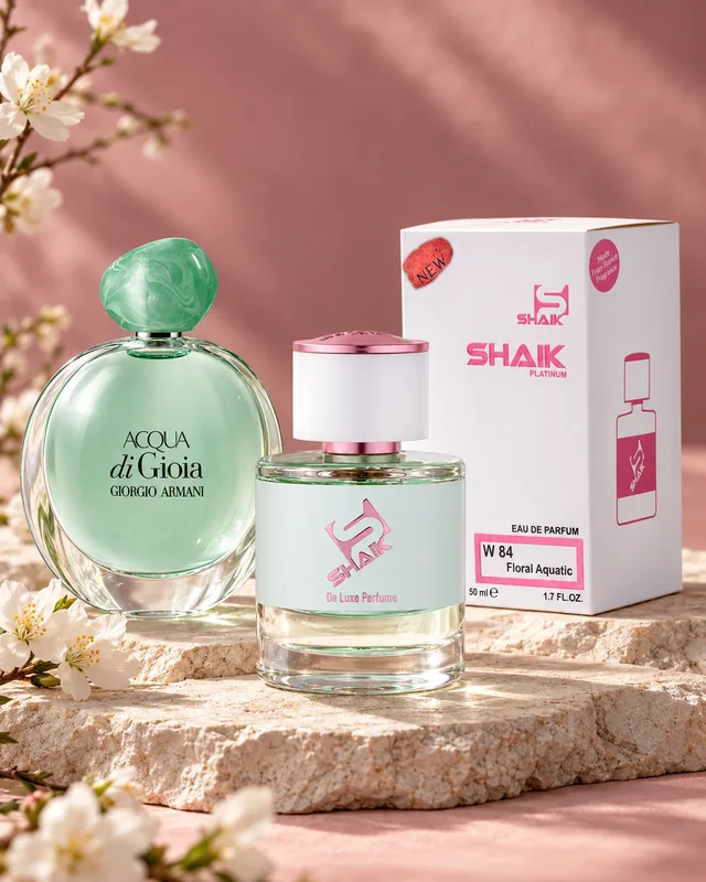 Shaik W 84 bottle and box beside Giorgio Armani Acqua di Gioia, the fragrance that inspired it