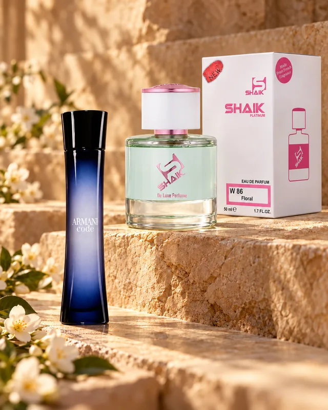 Shaik W 86 bottle and box beside Armani Code for Women, the fragrance that inspired it