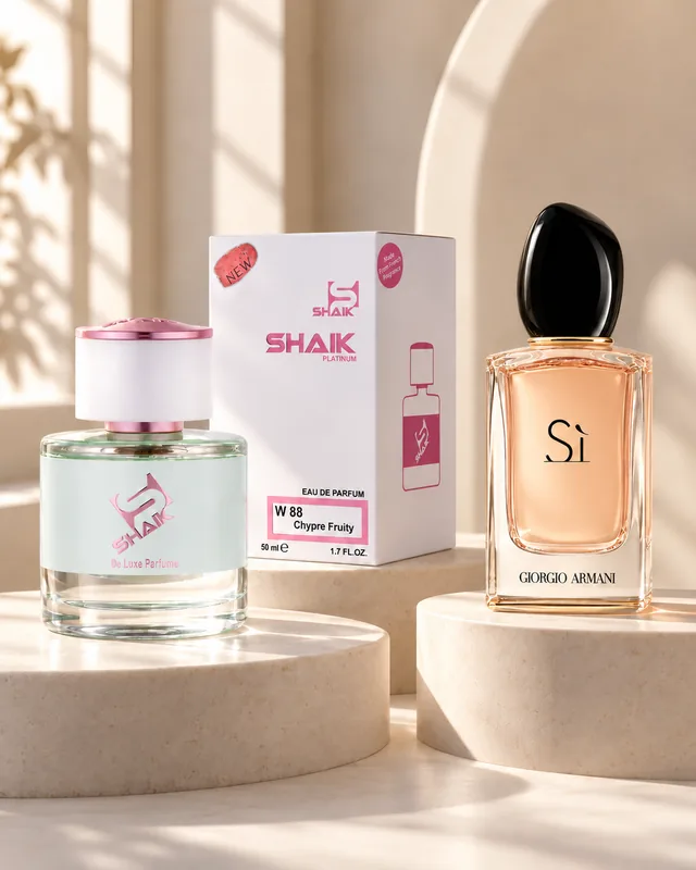 Shaik W 88 bottle and box beside Giorgio Armani Sì, the fragrance that inspired it