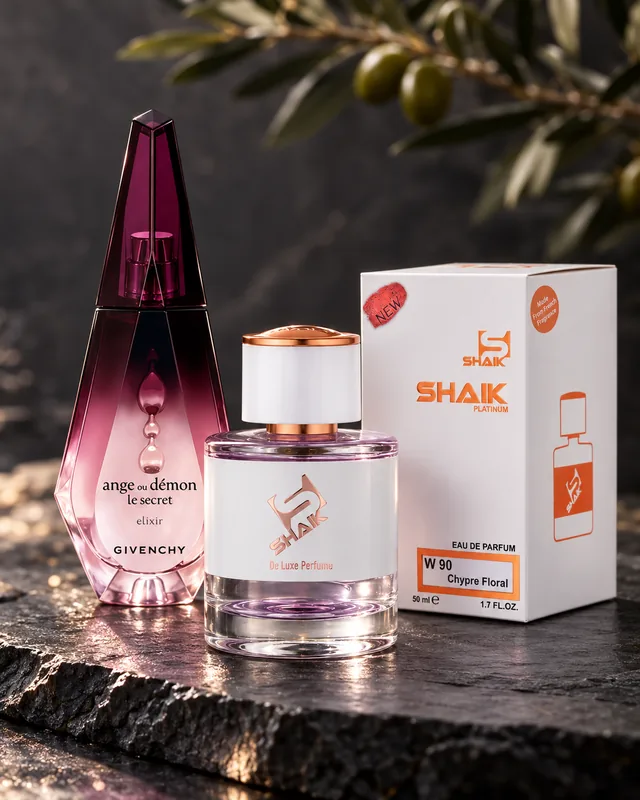 Shaik W 90 bottle and box beside Givenchy Ange ou Démon Le Secret Elixir, the fragrance that inspired it